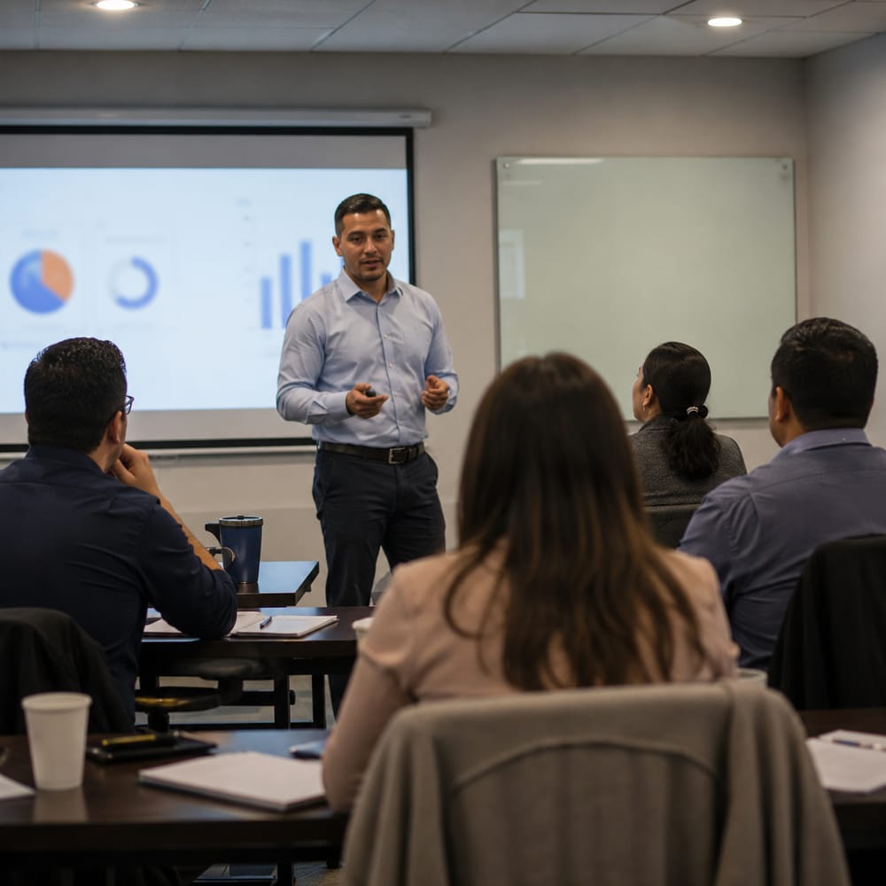 Sesión de capacitación profesional en un aula corporativa